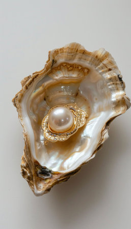 A beautiful open oyster showcasing a lustrous pearl nestled inside, highlighting the elegance of nature s treasuresの素材
