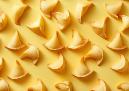 Assorted fortune cookies scattered on a vibrant yellow backgroundの素材