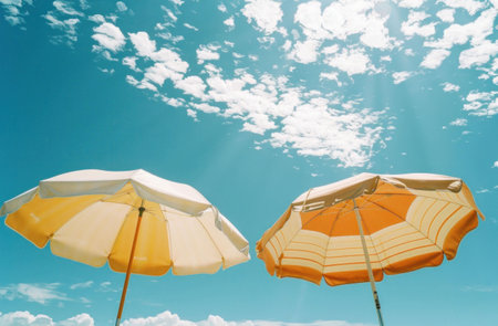 Two beach umbrellas in bright colors under a clear blue sky with fluffy white clouds, creating a vibrant summer atmosphereの素材