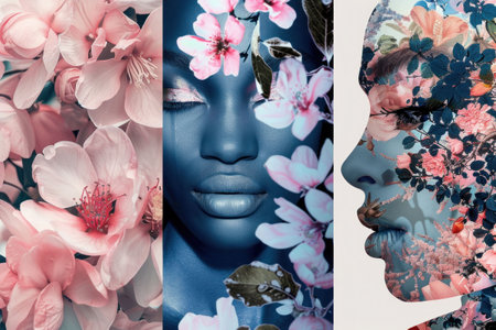 A captivating artistic portrait blending floral elements with a serene woman s face, showcasing vibrant pink and blue huesの素材