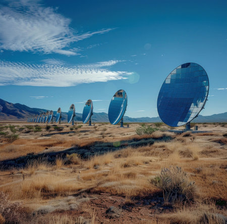 Solar panels in a desert landscape, reflecting sunlight, with mountains in the background under a clear blue skyの素材