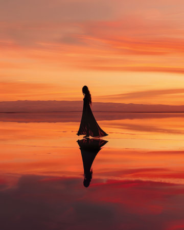 Silhouette of a woman in a flowing dress against a vibrant sunset over a calm lake with reflections in the waterの素材