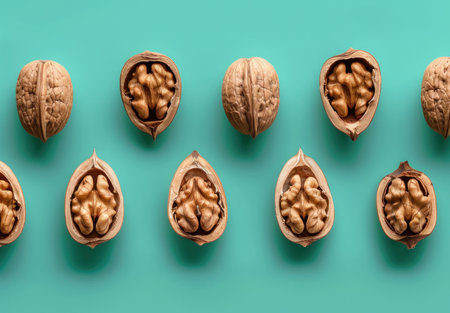 Shelled and unshelled walnuts arranged on a teal backgroundの素材