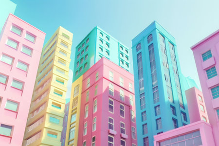Colorful pastel buildings against a clear blue sky, showcasing a modern architecture styleの素材