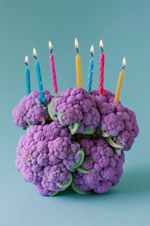 A vibrant purple cauliflower cake with colorful candles on a pastel blue background A unique and playful celebration conceptの素材