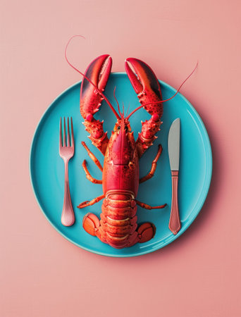Red lobster on a turquoise plate with cutlery on a pink backgroundの素材