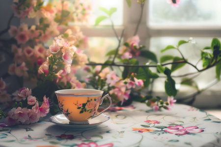 A delicate porcelain teacup with floral designs sits on a patterned tablecloth, surrounded by blooming flowers and soft sunlight filtering through a windowの素材