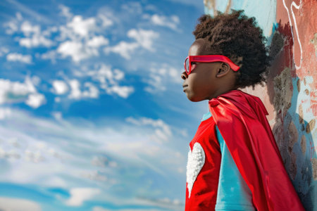 A young child in a red superhero cape and sunglasses stands confidently against a colorful, graffiti covered wall, with a bright blue sky in the backgroundの素材