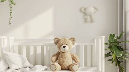 Cozy nursery with a plush bear sitting in a crib surrounded by soft colors and greeneryの素材
