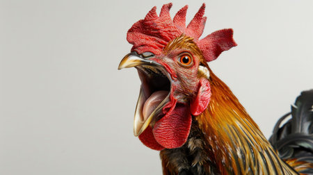A vibrant rooster with a striking red comb, depicted in a dynamic pose against a soft grey background The image captures its fierce expression and colorful plumageの素材