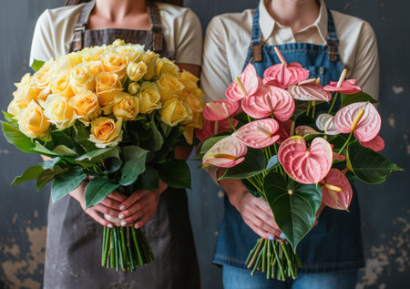 Two florists holding vibrant flower bouquets, one with yellow roses and the other with pink anthuriums against a dark textured backgroundの素材