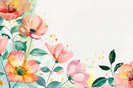 Watercolor floral composition with soft pastel colors and delicate blossoms on a light backgroundの素材