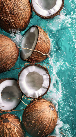 Fresh coconut halves scattered on a turquoise background with splashes of waterの素材