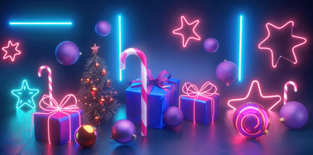 Colorful neon Christmas scene with gifts, candy canes, and ornaments on a dark backgroundの素材