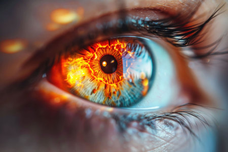 Close up of a human eye with a fiery design, showcasing vibrant orange and blue hues, creating a striking visual impactの素材