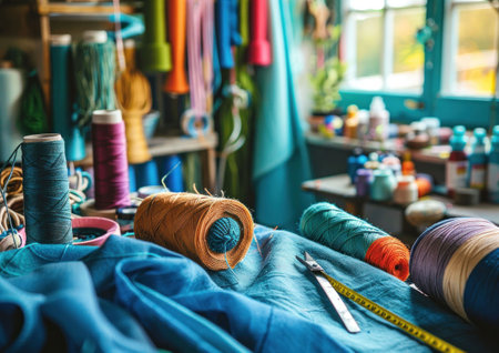 Colorful sewing workshop with spools of thread scattered on a fabric surface, surrounded by vibrant textiles and craft suppliesの素材