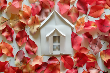 Paper house surrounded by vibrant autumn leaves on a light background, creating a cozy fall atmosphereの素材