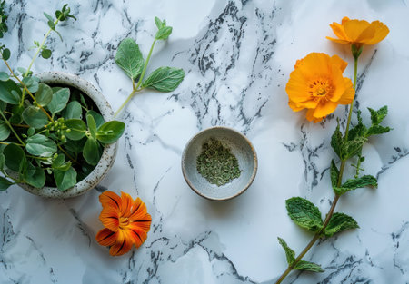 Fresh herbs and vibrant flowers on marble backgroundの素材