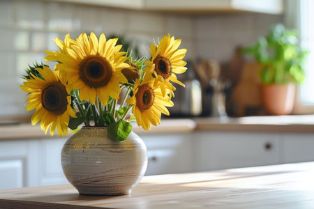 A vibrant bouquet of sunflowers in a ceramic vase on a wooden kitchen table, brightening the warm interiorの素材