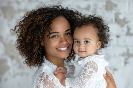 A joyful mother holds her baby daughter, both smiling brightly, with a textured, light colored background The scene embodies love and warmthの素材
