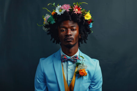 Portrait of a man in a light blue suit adorned with a floral crown, set against a dark, muted background His expression is confident and sereneの素材