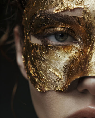Close up of a woman s face adorned with a shiny gold mask, highlighting her striking blue eye, set against a dark, blurred backgroundの素材