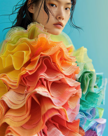 A fashionable model wearing a colorful ruffled dress against a gradient blue background The vibrant hues blend seamlessly to create a striking visual effectの素材