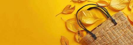 Woven straw bag surrounded by autumn leaves on a bright yellow background, conveying a seasonal vibe of warmth and comfortの素材