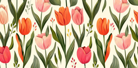 Colorful floral pattern featuring tulips and leaves on a light backgroundの素材