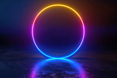 Neon glowing circle on a dark background, reflecting on a wet surface, creating a futuristic and vibrant atmosphereの素材