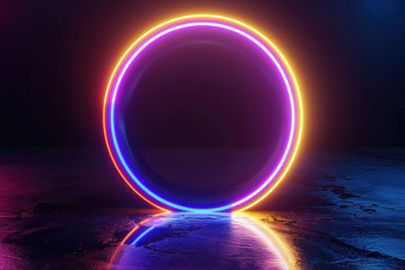 Futuristic neon circle glowing against a dark, reflective background, creating an atmosphere of modernity and innovationの素材
