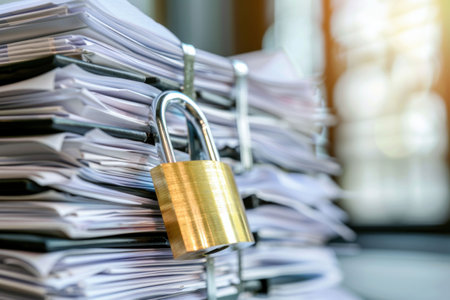 Stack of documents secured with a golden padlock, symbolizing data protection and confidentiality in a professional environmentの素材