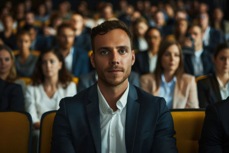 A focused young man in a suit seated in an audience during a conference, surrounded by attentive listenersの素材