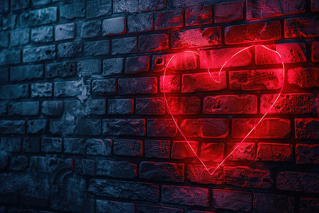 Neon heart sign glowing on a textured dark brick wall, creating a romantic and modern atmosphereの素材