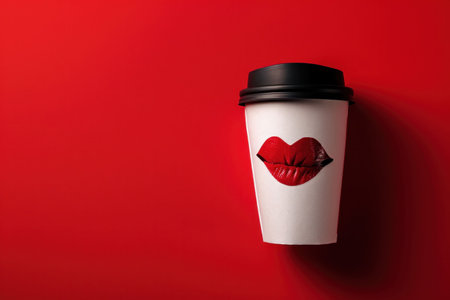 A white coffee cup with red lip print on a vibrant red background, creating a bold and playful visual conceptの素材