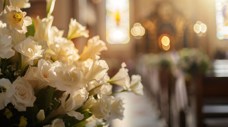 Elegant white flowers arranged in a church setting with soft lighting and blurred backgroundの素材