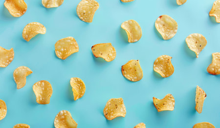 Crispy potato chips scattered on a light blue background, creating a playful and colorful snack concept A fun texture with irregular shapes enhances the visual appealの素材