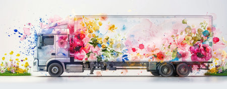 A vibrant truck with artistic floral design, characterized by bright colors and splashes of paint, set against a clean white backgroundの素材