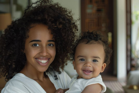 A joyful mother holding her smiling baby in a cozy indoor setting with greenery in the backgroundの素材