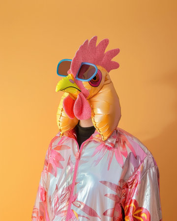 A person wears a colorful chicken mask and sunglasses, with a shiny pink floral jacket, standing against a vibrant orange backgroundの素材