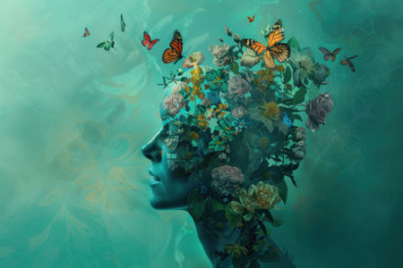 A serene profile of a woman with a floral and butterfly crown, set against a soft teal backdrop The vibrant flowers and butterflies symbolize growth and transformationの素材