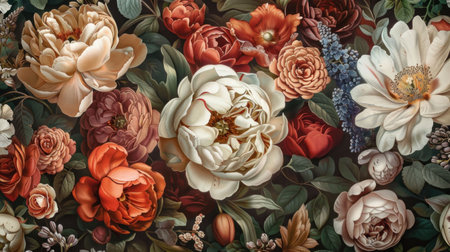 A vibrant floral arrangement featuring peonies, roses, and other blossoms in rich colors against a dark backdropの素材