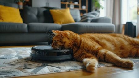 A relaxed orange cat resting its head on a robotic vacuum cleaner in a cozy living room settingの素材