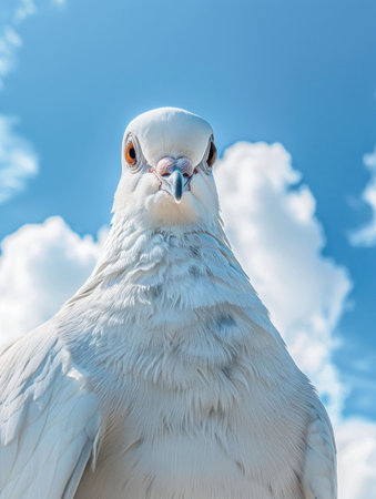 Close up of a white dove against a bright blue sky with fluffy white clouds The bird has a focused gaze and a smooth feather textureの素材