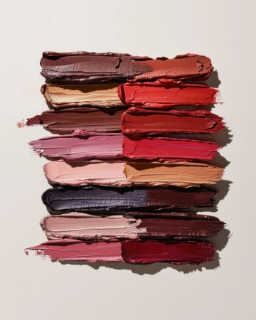 Abstract composition of colorful paint strokes on a light background, showcasing vibrant red, pink, and brown huesの素材