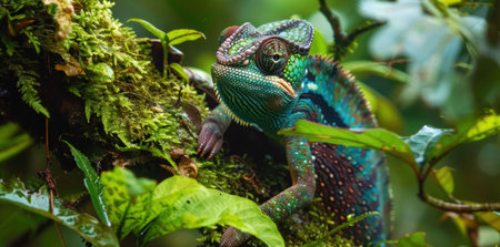 A vibrant chameleon resting on a moss covered branch in a lush green rainforest Its colorful skin contrasts with the foliageの素材