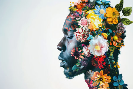 Profile of a man with a floral design, blending nature and humanity in vibrant colorsの素材