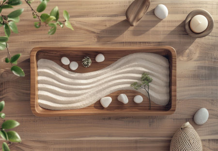 Zen garden with sand and stones in a wooden tray, featuring curves and a small treeの素材