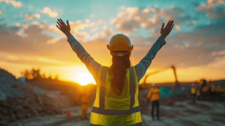 Construction worker celebrating sunset at a site with arms raised in joy, wearing a safety helmet and reflective vest against a colorful skyの素材