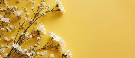Delicate white flowers arranged on a vibrant yellow background, creating a cheerful and fresh compositionの素材